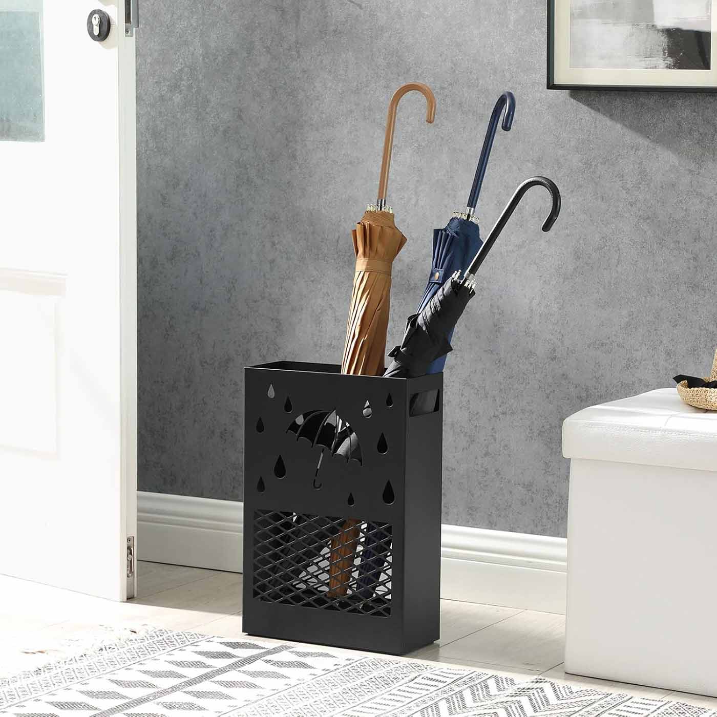 Umbrella Stand – Metal – Black – Rectangular with Removable Drip Tray and 4 Hooks