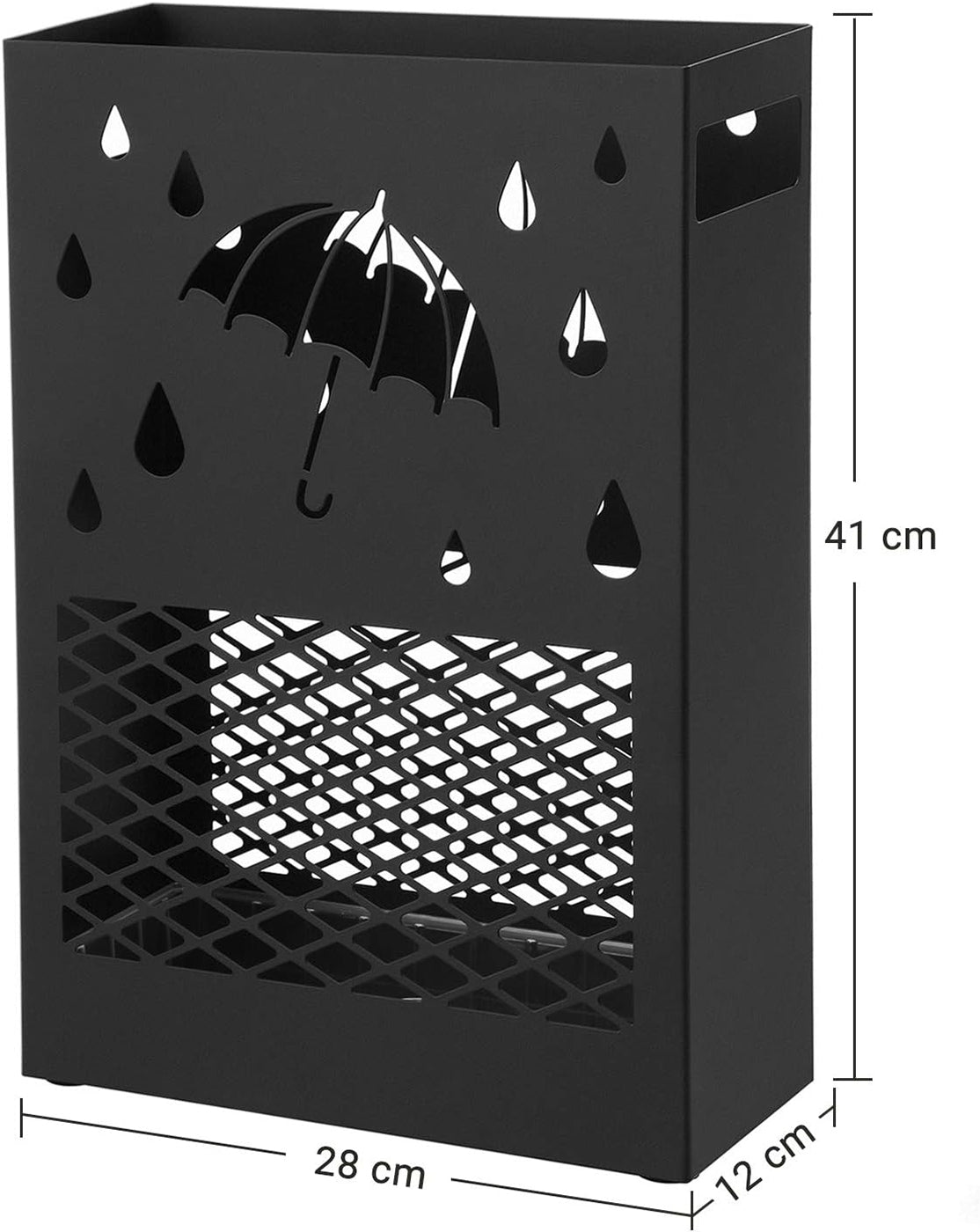 Umbrella Stand – Metal – Black – Rectangular with Removable Drip Tray and 4 Hooks