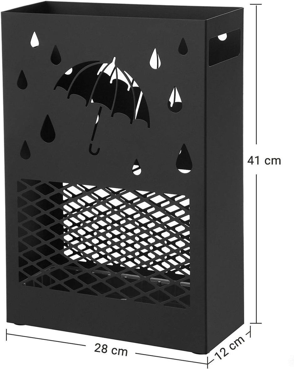 Umbrella Stand – Metal – Black – Rectangular with Removable Drip Tray and 4 Hooks