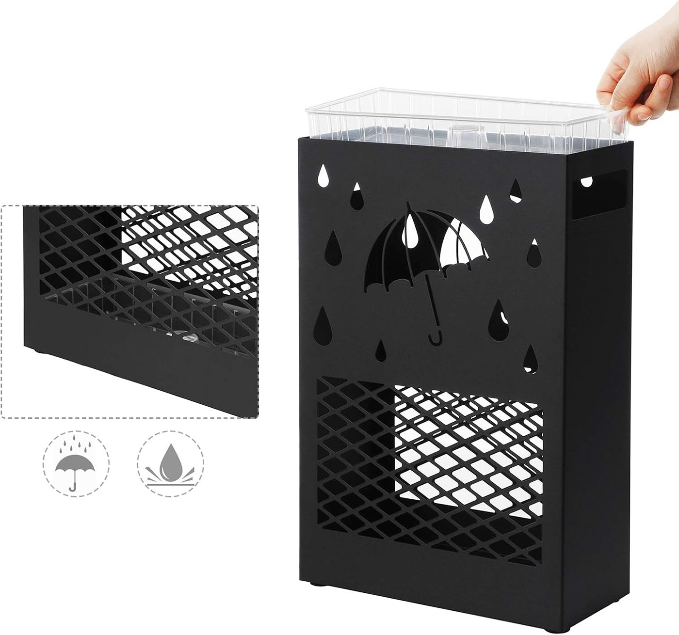 Umbrella Stand – Metal – Black – Rectangular with Removable Drip Tray and 4 Hooks