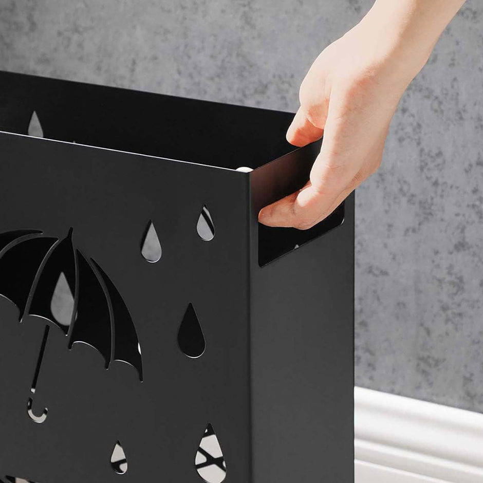 Umbrella Stand – Metal – Black – Rectangular with Removable Drip Tray and 4 Hooks