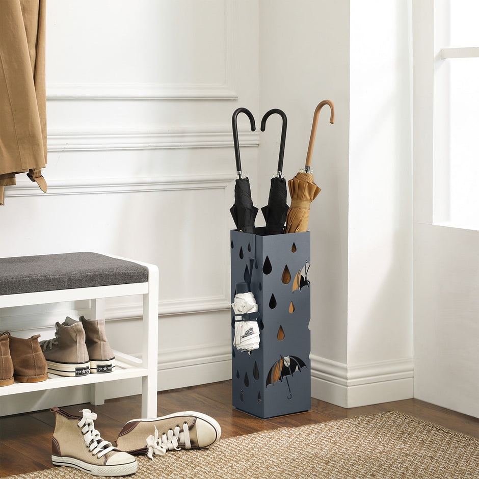 Umbrella Stand – Metal – Anthracite Grey – Square Design with Drip Tray and Hooks