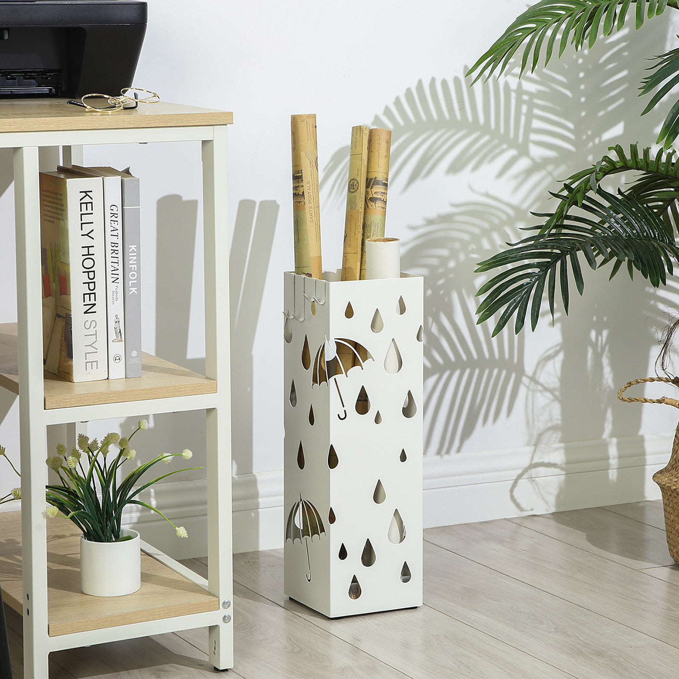 Umbrella Stand – Metal – White – Square Design with Hooks and Drip Tray