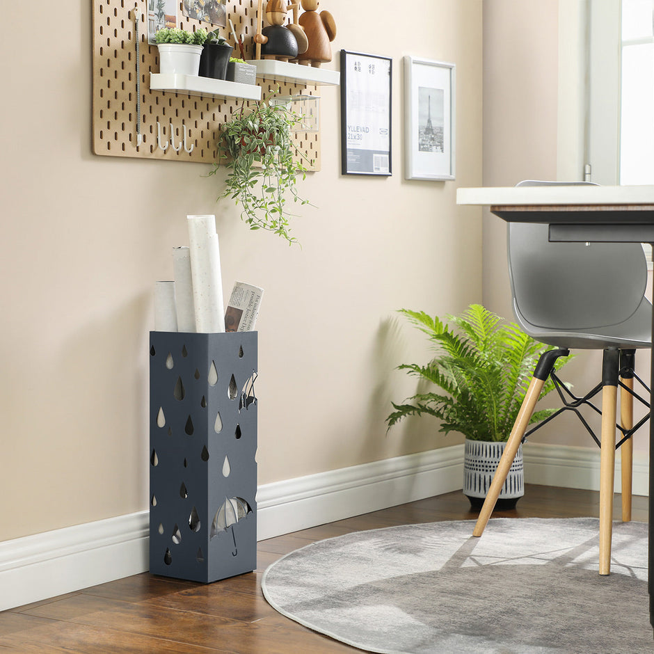 Umbrella Stand – Metal – Anthracite Grey – Square Design with Drip Tray and Hooks