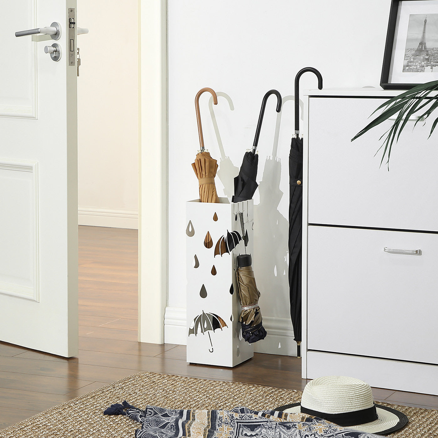 Umbrella Stand – Metal – White – Square Design with Hooks and Drip Tray