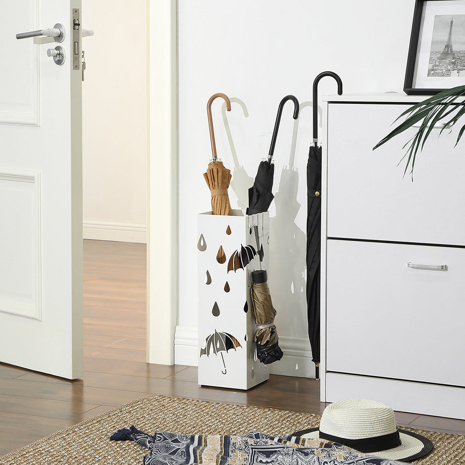 Umbrella Stand – Metal – White – Square Design with Hooks and Drip Tray