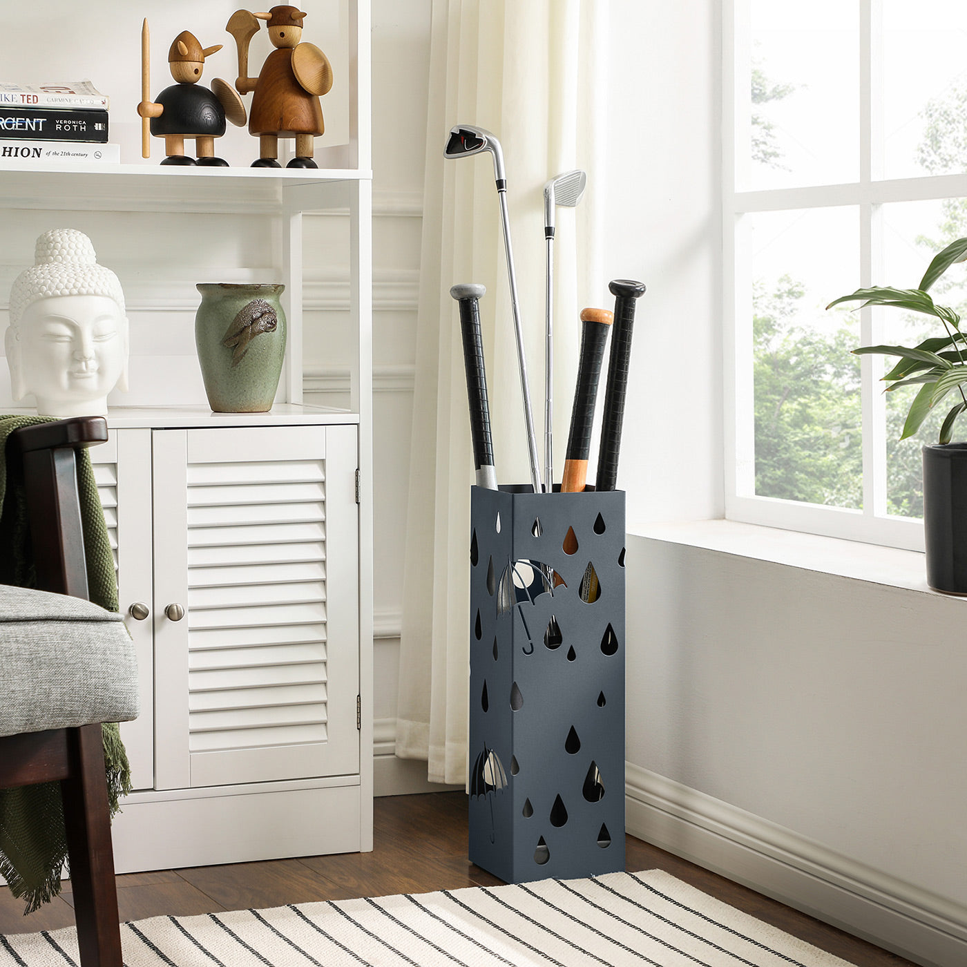 Umbrella Stand – Metal – Anthracite Grey – Square Design with Drip Tray and Hooks