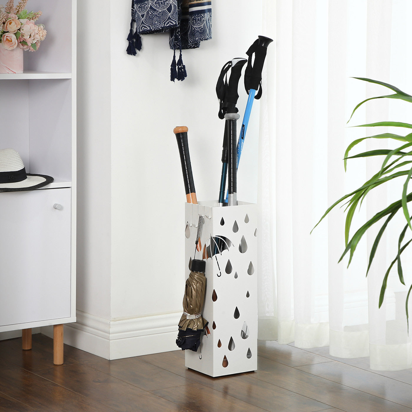 Umbrella Stand – Metal – White – Square Design with Hooks and Drip Tray