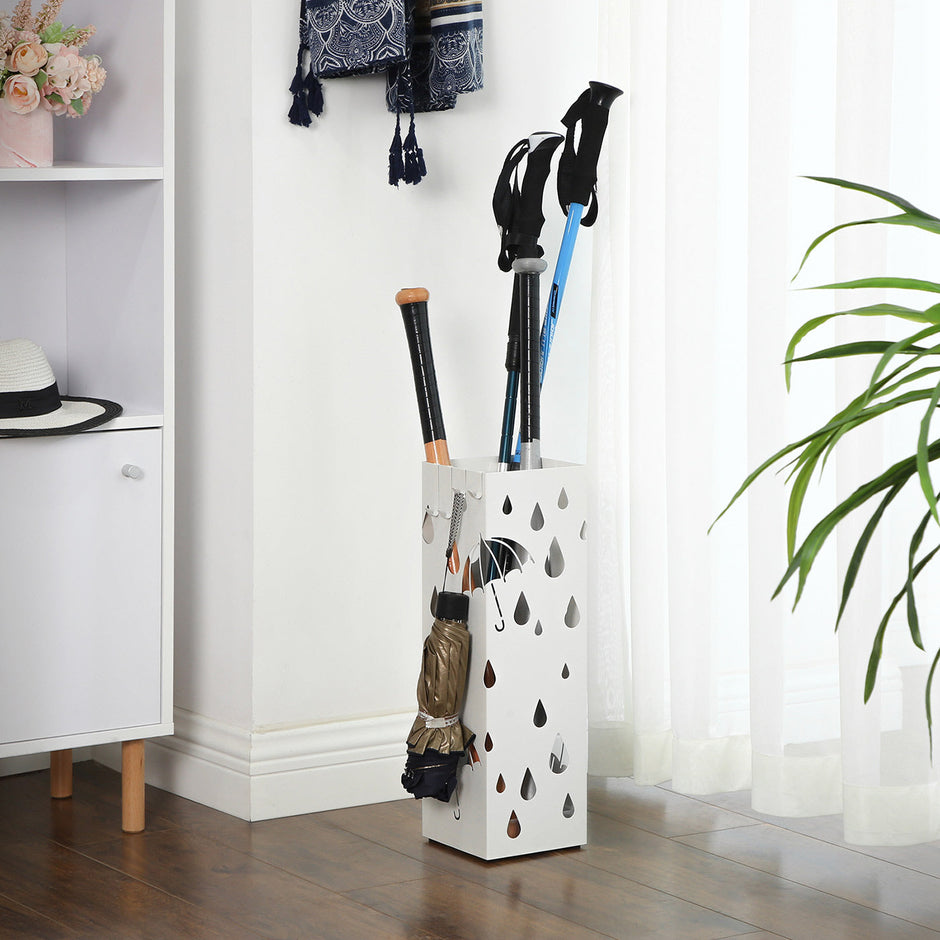 Umbrella Stand – Metal – White – Square Design with Hooks and Drip Tray