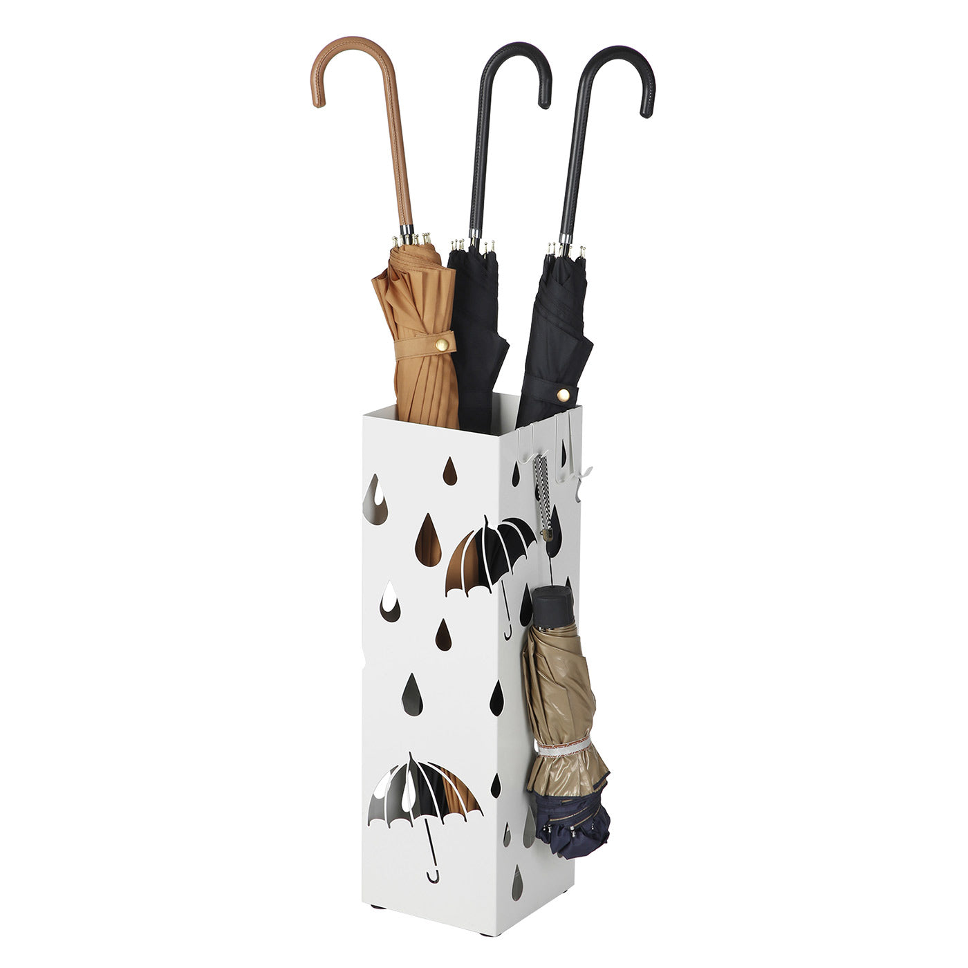Umbrella Stand – Metal – White – Square Design with Hooks and Drip Tray