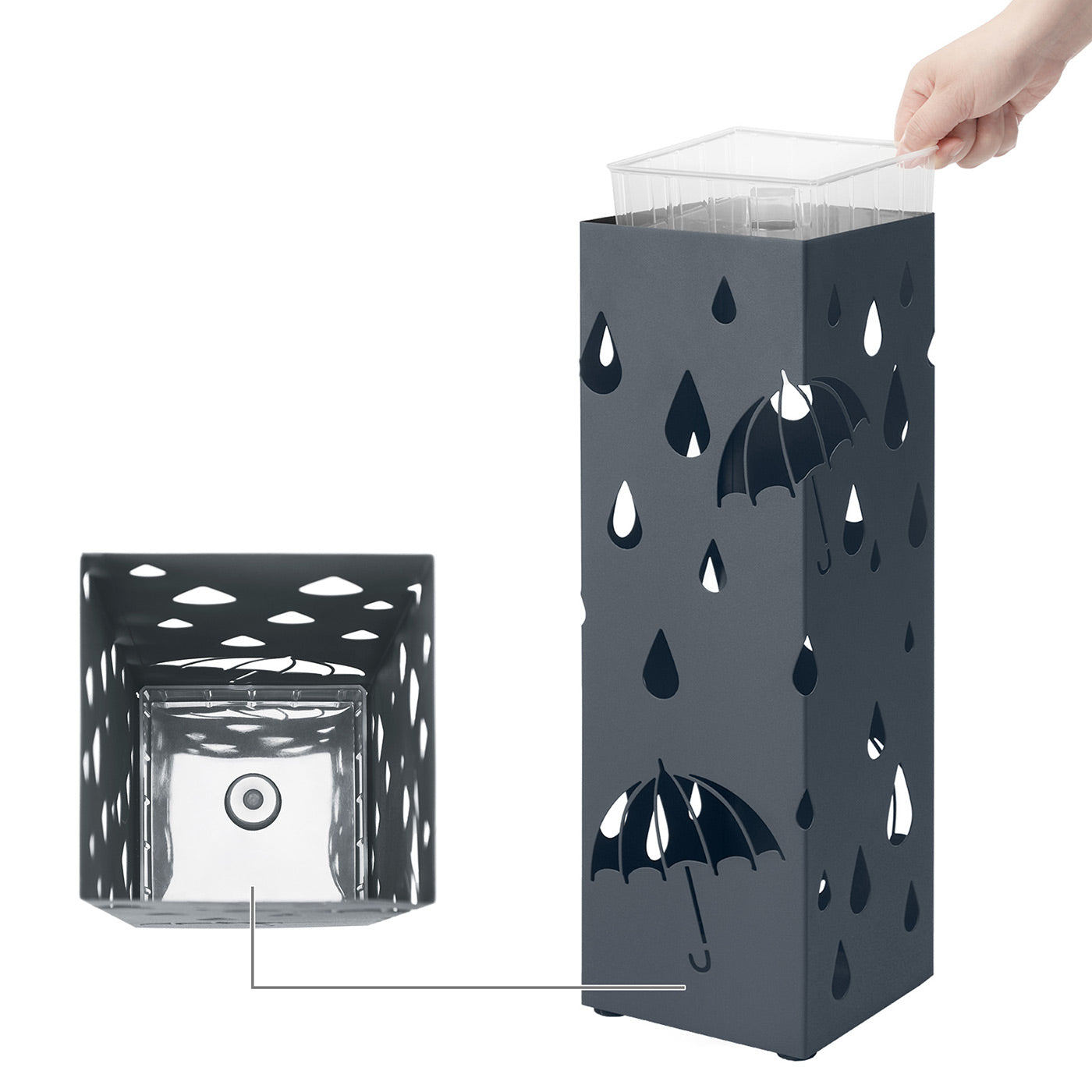 Umbrella Stand – Metal – Anthracite Grey – Square Design with Drip Tray and Hooks