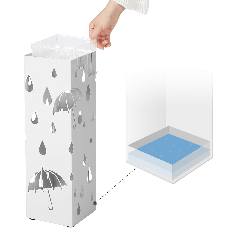 Umbrella Stand – Metal – White – Square Design with Hooks and Drip Tray