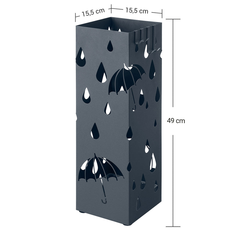 Umbrella Stand – Metal – Anthracite Grey – Square Design with Drip Tray and Hooks