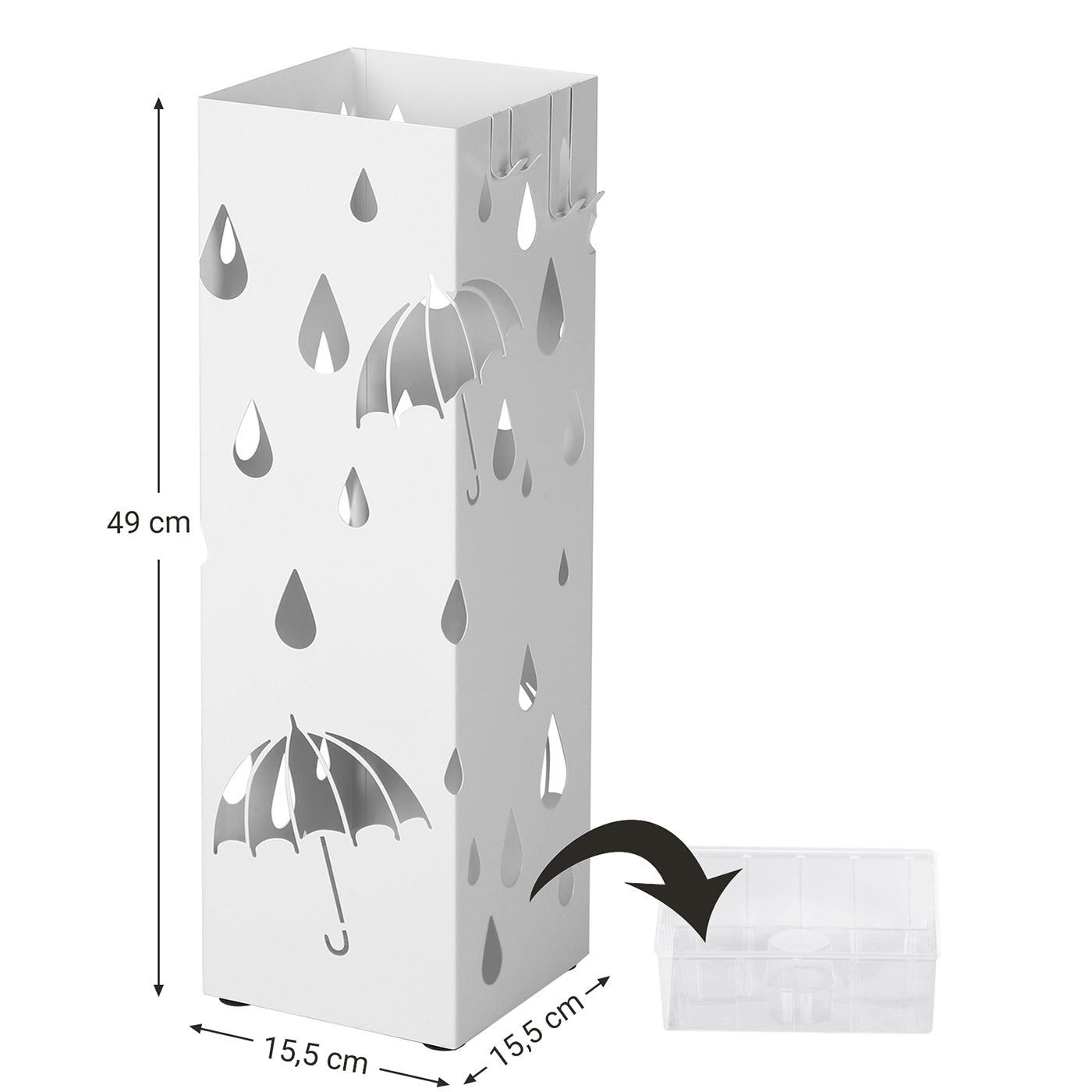 Umbrella Stand – Metal – White – Square Design with Hooks and Drip Tray