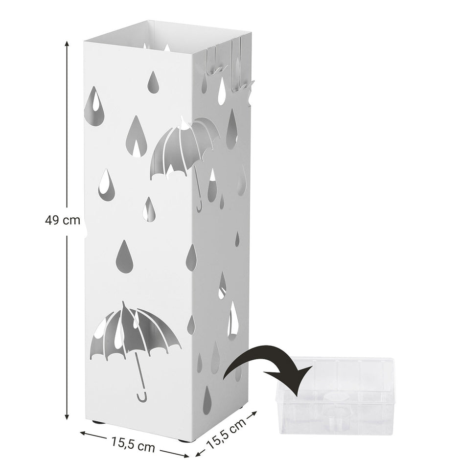 Umbrella Stand – Metal – White – Square Design with Hooks and Drip Tray