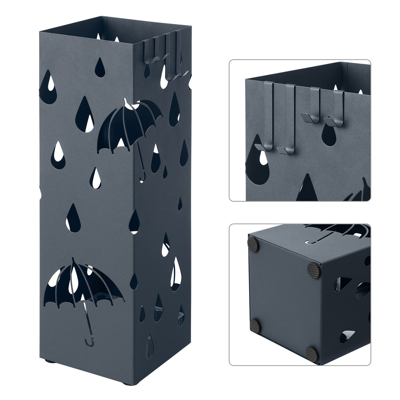 Umbrella Stand – Metal – Anthracite Grey – Square Design with Drip Tray and Hooks