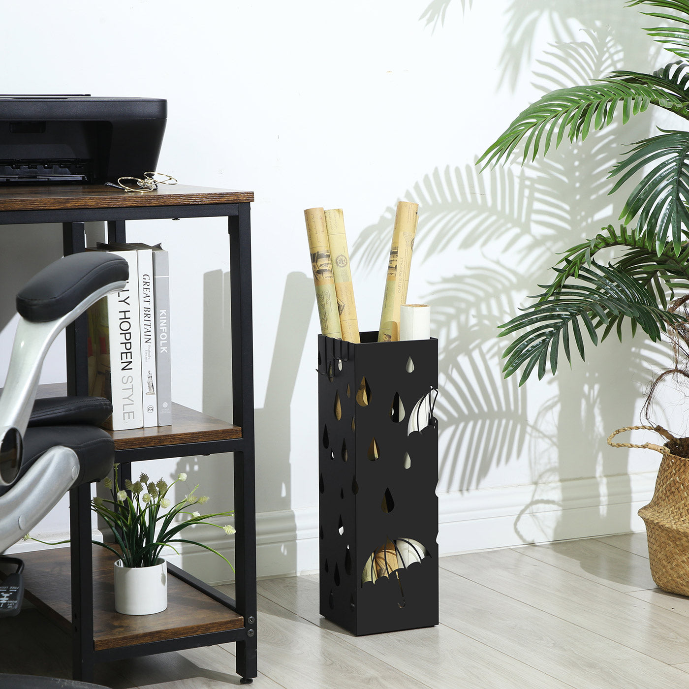Umbrella Stand – Metal – Black – Includes Drip Tray and Hooks