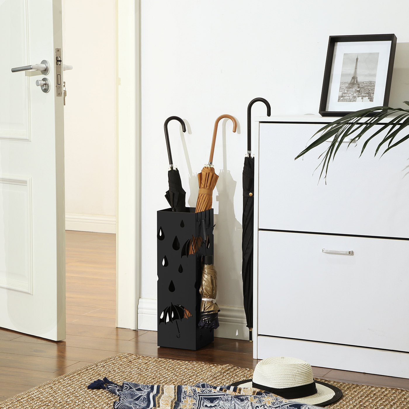 Umbrella Stand – Metal – Black – Includes Drip Tray and Hooks