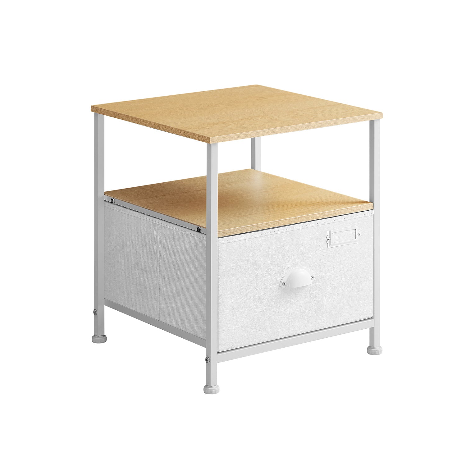 Nightstand – Oak and Fabric – Beige and Cloud White – Modern Design with 2 Shelves and Drawer
