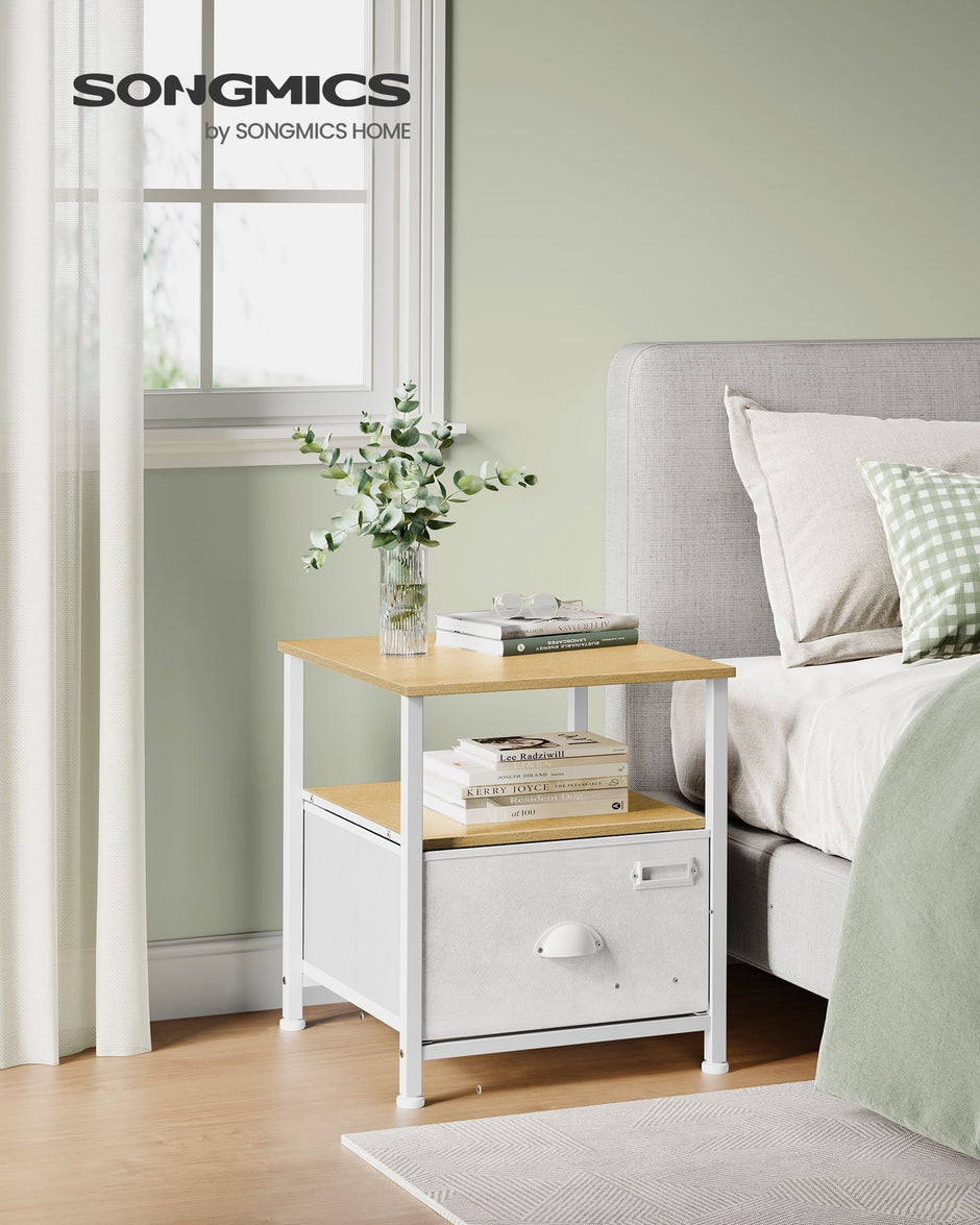 Nightstand – Oak and Fabric – Beige and Cloud White – Modern Design with 2 Shelves and Drawer