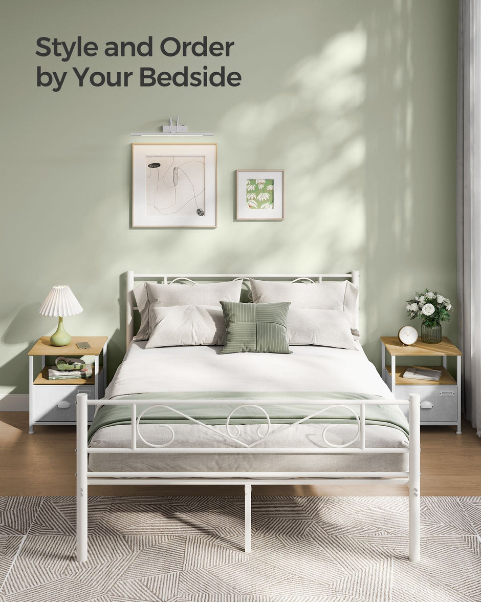 Nightstand – Oak and Fabric – Beige and Cloud White – Modern Design with 2 Shelves and Drawer