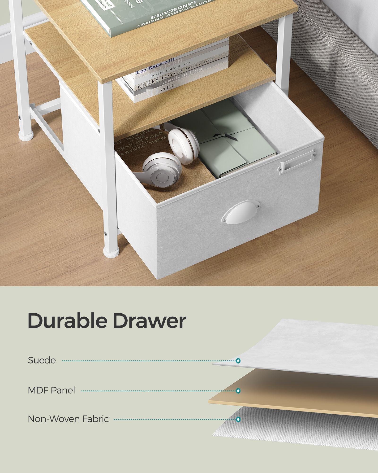 Nightstand – Oak and Fabric – Beige and Cloud White – Modern Design with 2 Shelves and Drawer