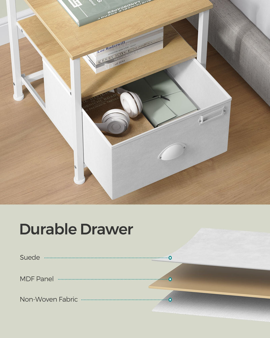 Nightstand – Oak and Fabric – Beige and Cloud White – Modern Design with 2 Shelves and Drawer