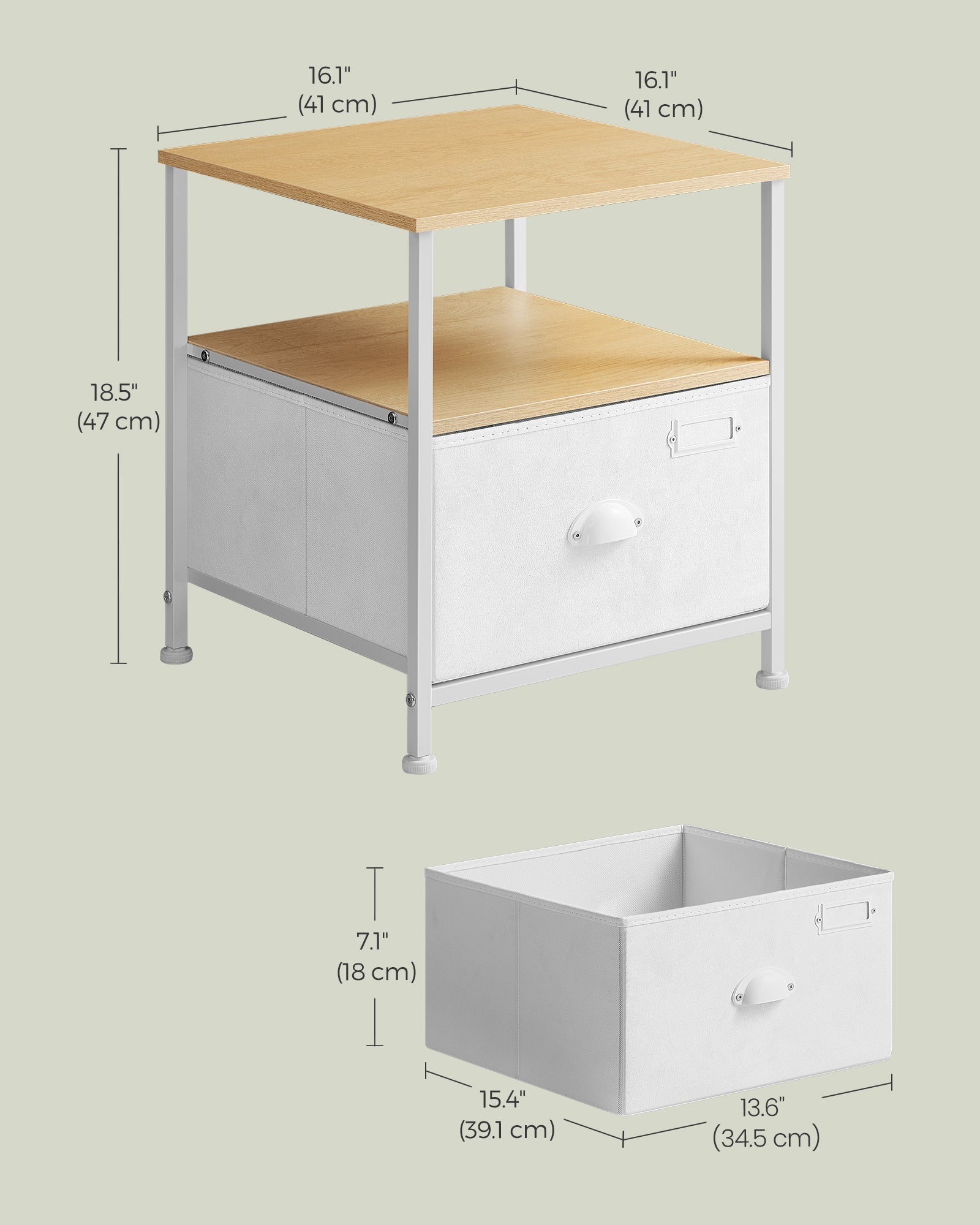 Nightstand – Oak and Fabric – Beige and Cloud White – Modern Design with 2 Shelves and Drawer