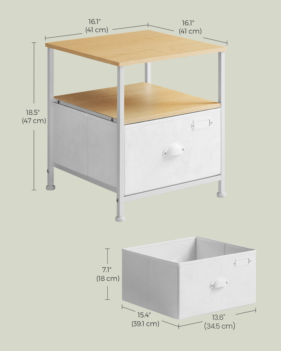 Nightstand – Oak and Fabric – Beige and Cloud White – Modern Design with 2 Shelves and Drawer