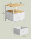 Nightstand – Oak and Fabric – Beige and Cloud White – Modern Design with 2 Shelves and Drawer