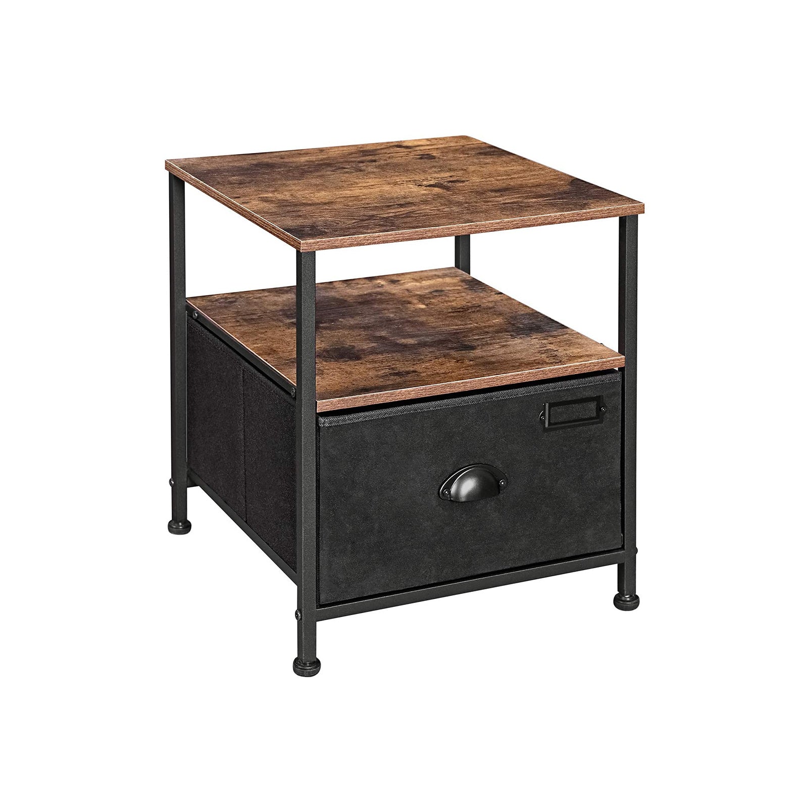 Bedside Table – Fabric and Wood – Rustic Brown & Black – Industrial Style with Storage and Shelves