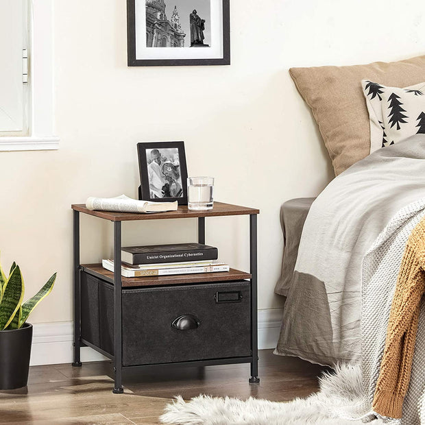 Bedside Table – Fabric and Wood – Rustic Brown & Black – Industrial Style with Storage and Shelves
