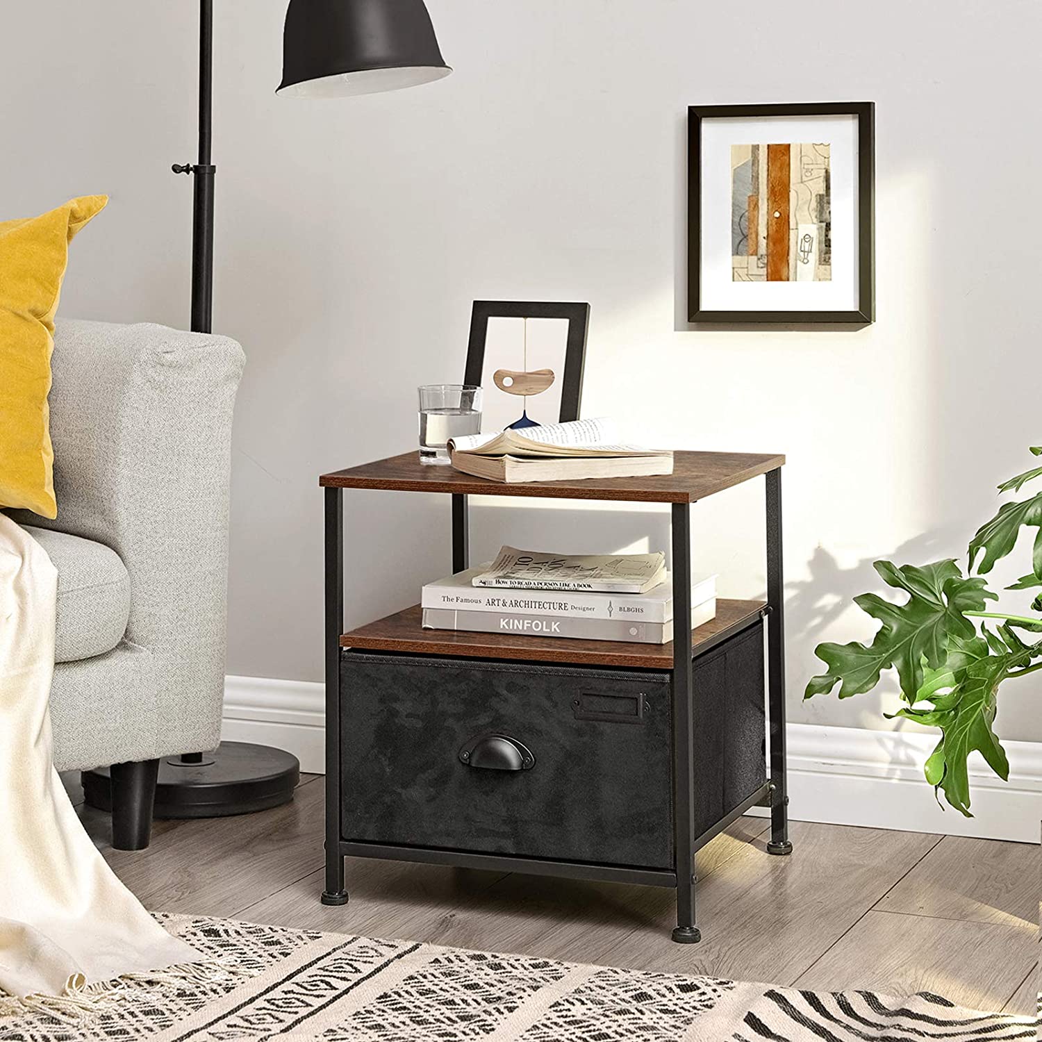 Bedside Table – Fabric and Wood – Rustic Brown & Black – Industrial Style with Storage and Shelves