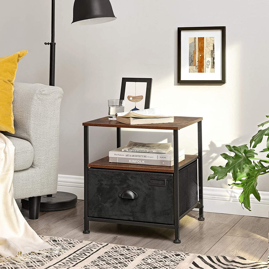 Bedside Table – Fabric and Wood – Rustic Brown & Black – Industrial Style with Storage and Shelves
