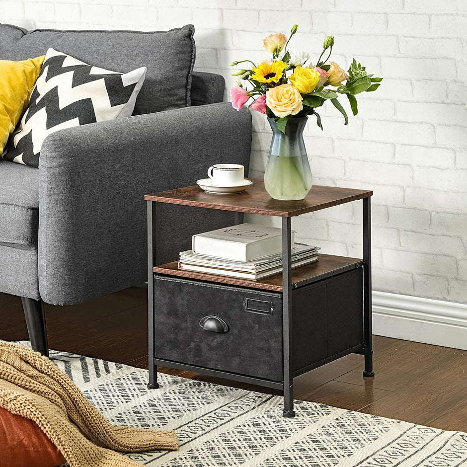 Bedside Table – Fabric and Wood – Rustic Brown & Black – Industrial Style with Storage and Shelves