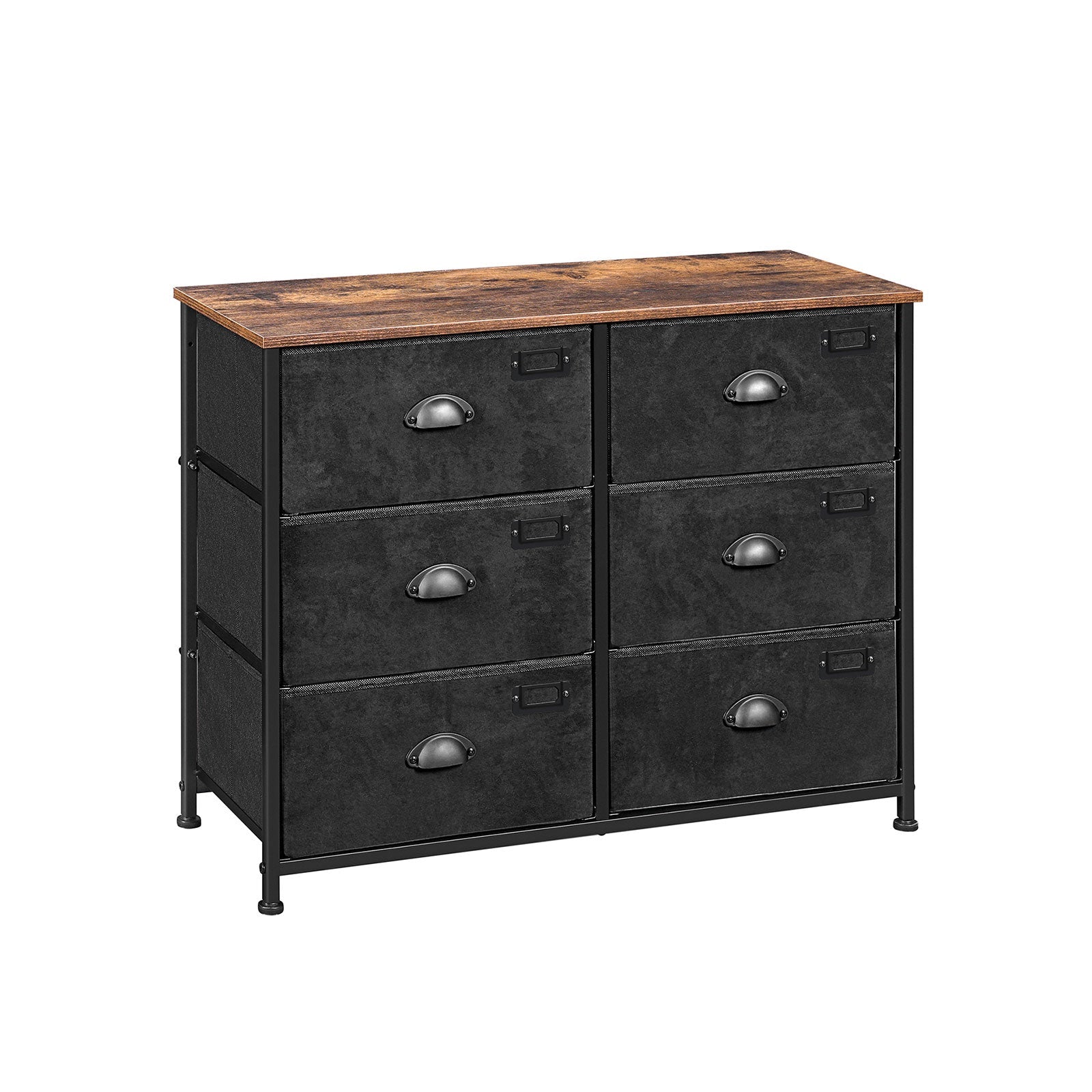 Wide Storage Dresser – Fabric and Metal – Rustic Brown and Black – 6 Drawers, Industrial Style