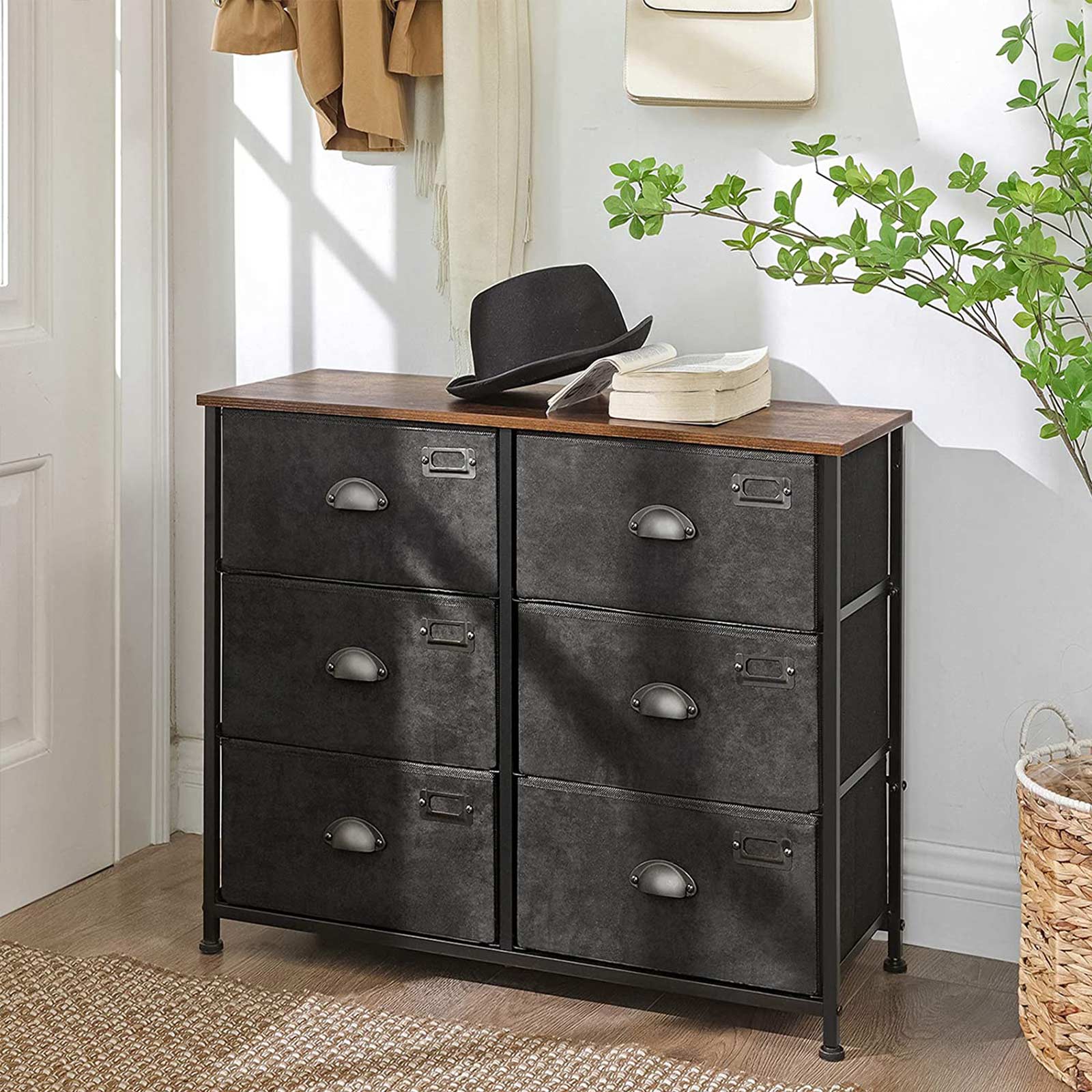 Wide Storage Dresser – Fabric and Metal – Rustic Brown and Black – 6 Drawers, Industrial Style