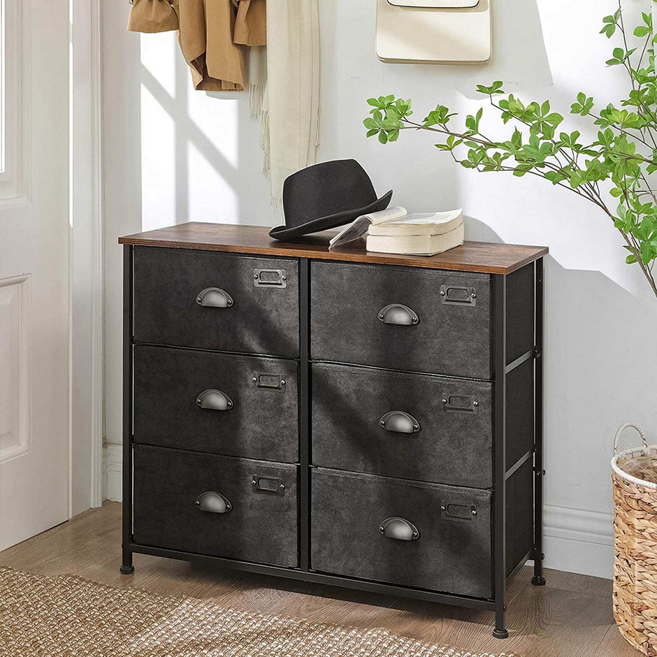 Wide Storage Dresser – Fabric and Metal – Rustic Brown and Black – 6 Drawers, Industrial Style