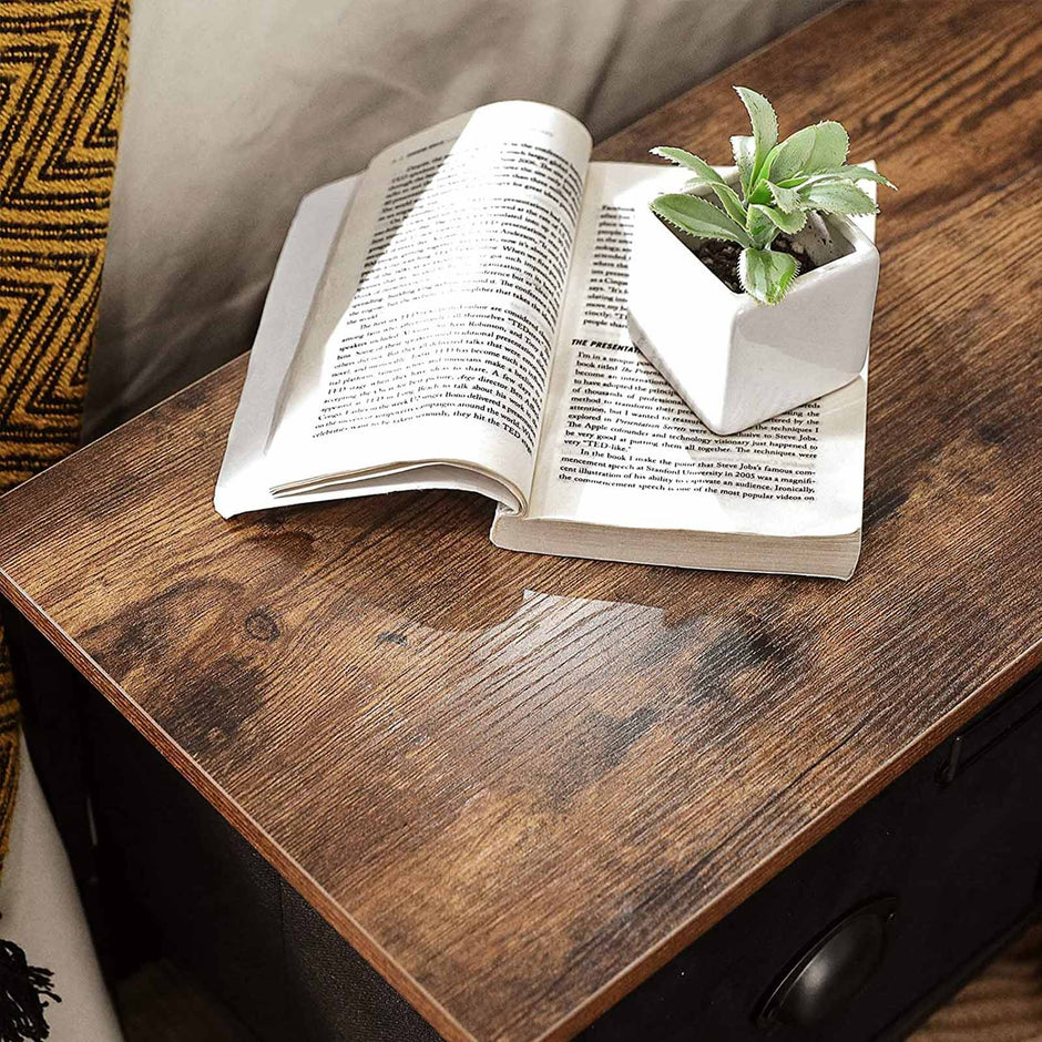 Wide Storage Dresser – Fabric and Metal – Rustic Brown and Black – 6 Drawers, Industrial Style