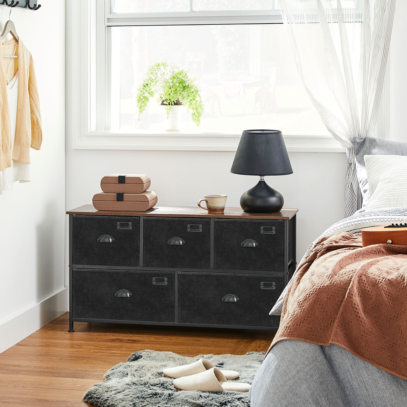 Storage Dresser – Fabric – Rustic Brown and Black – 5 Drawers, Metal Frame