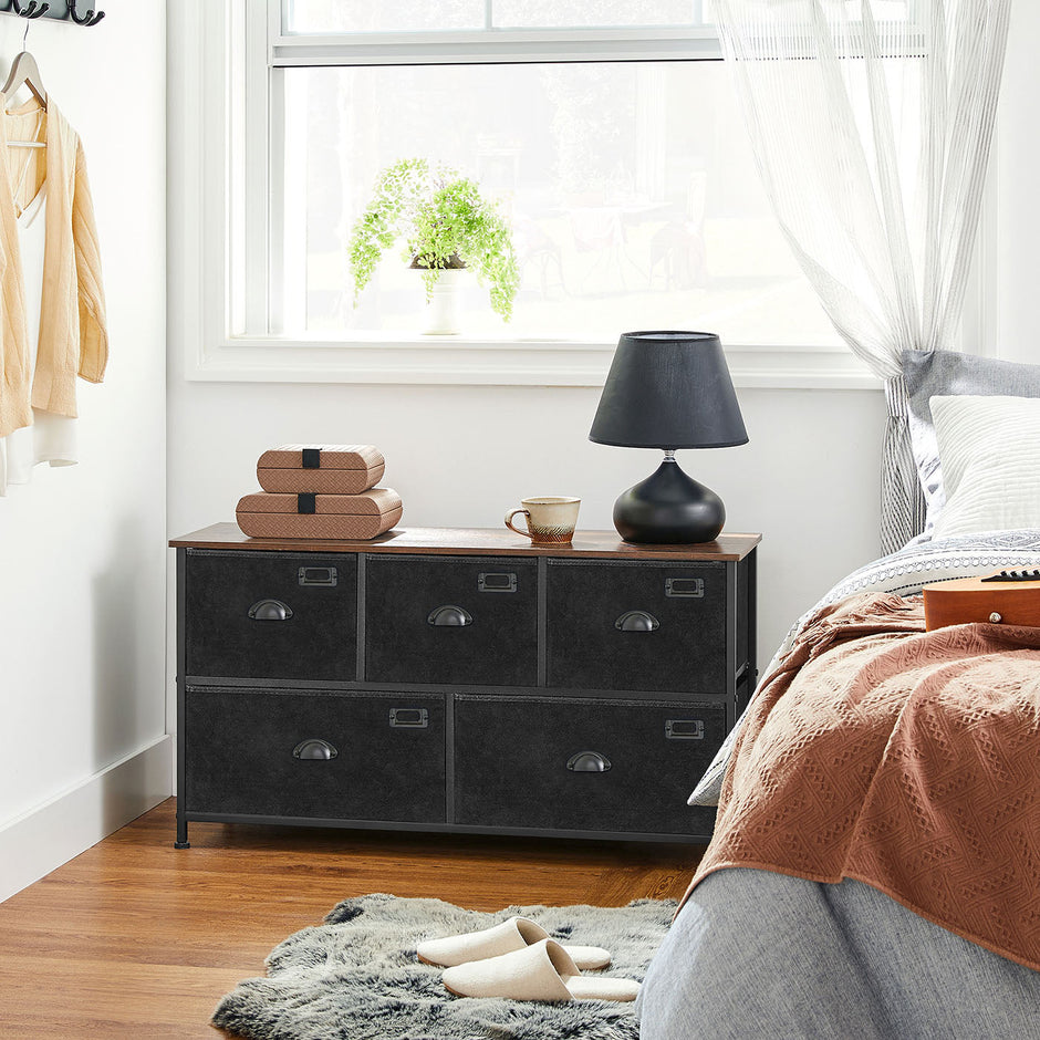Storage Dresser – Fabric – Rustic Brown and Black – 5 Drawers, Metal Frame