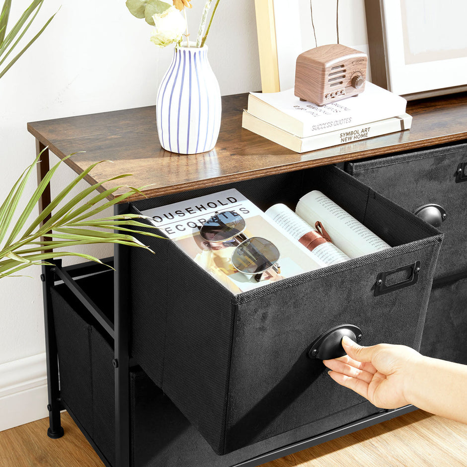 Storage Dresser – Fabric – Rustic Brown and Black – 5 Drawers, Metal Frame