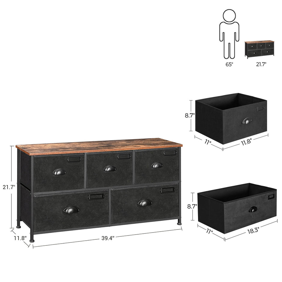 Storage Dresser – Fabric – Rustic Brown and Black – 5 Drawers, Metal Frame
