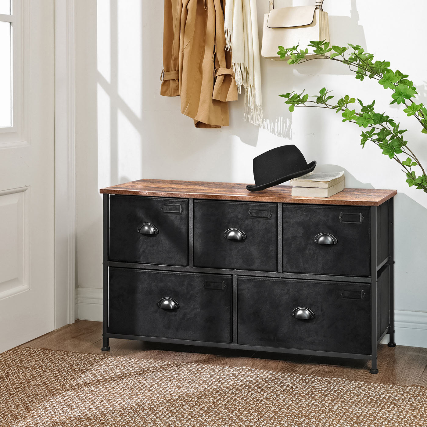 Storage Dresser – Fabric – Rustic Brown and Black – 5 Drawers, Metal Frame