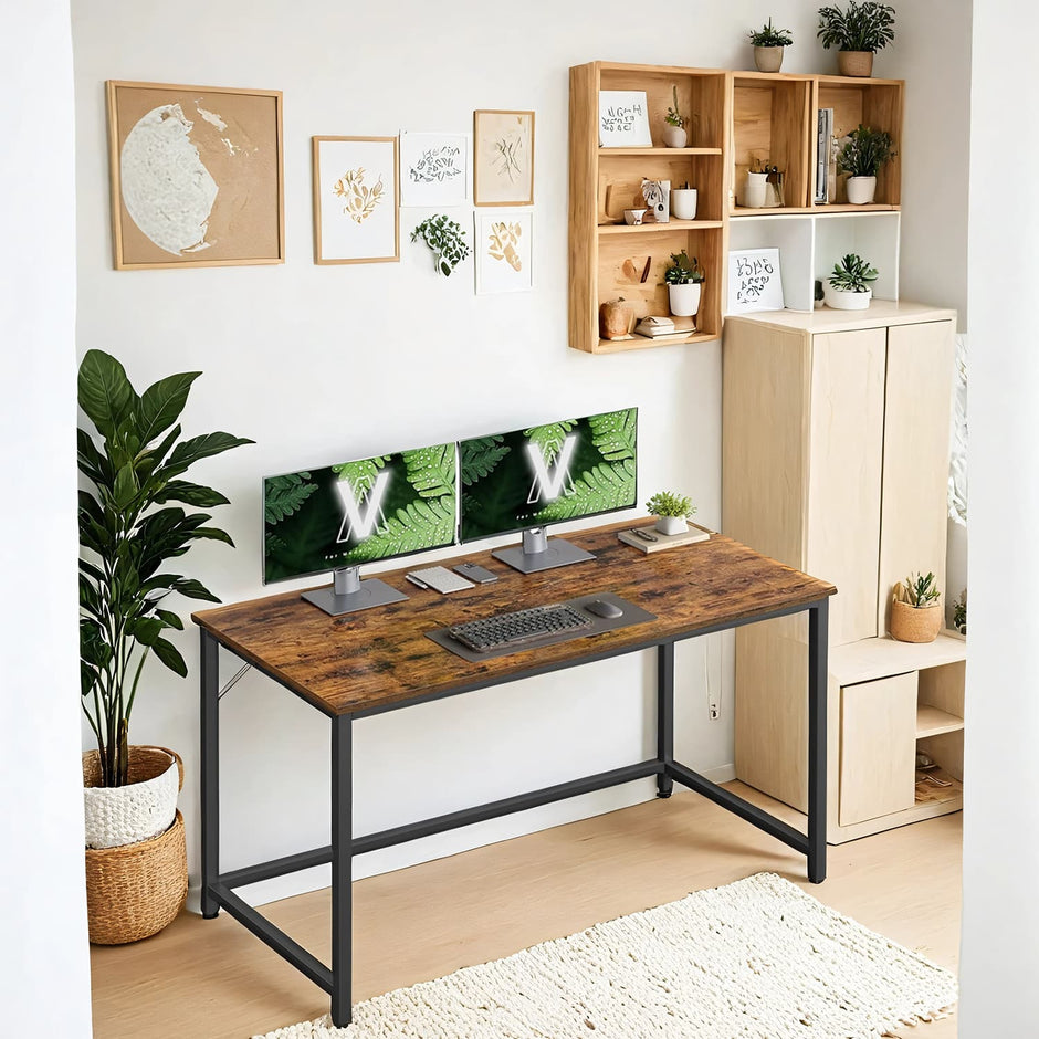 Writing Desk – Metal – Rustic Brown and Black – Industrial Design, Simple Assembly