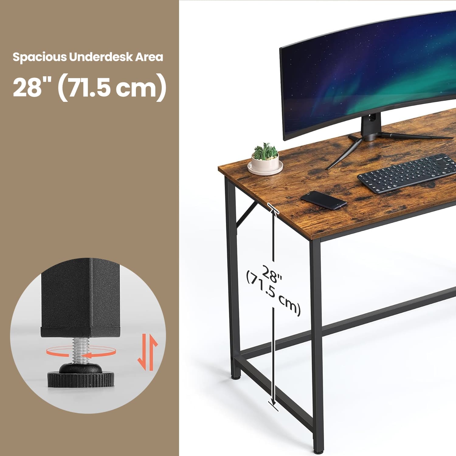 Writing Desk – Metal – Rustic Brown and Black – Industrial Design, Simple Assembly