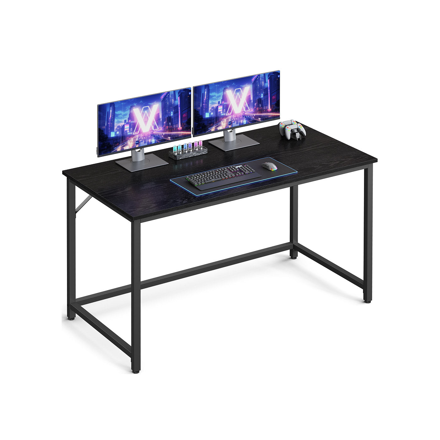 Computer Desk – Metal and Wood – Black with Wood Grain – Industrial Design