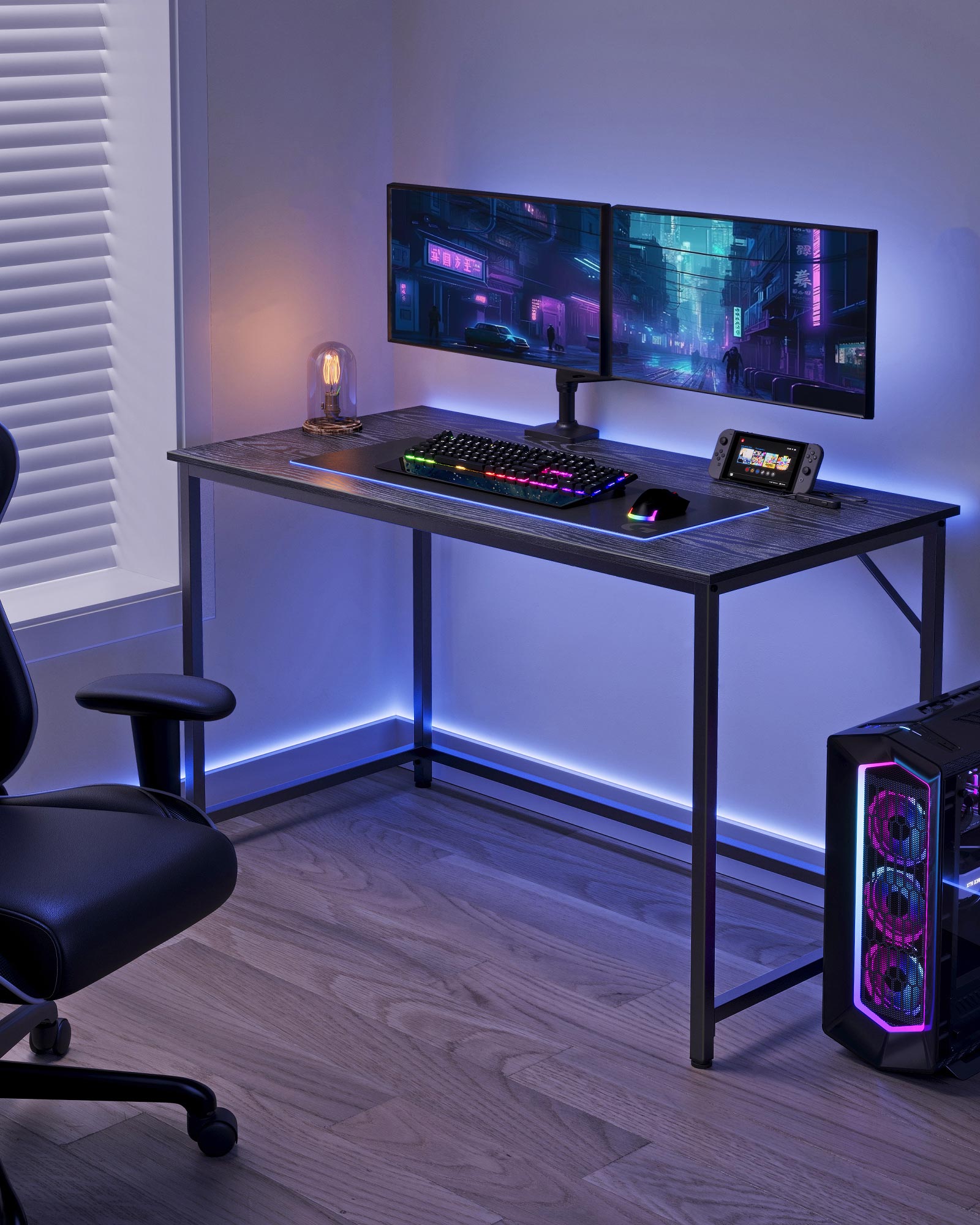 Computer Desk – Metal and Wood – Black with Wood Grain – Industrial Design