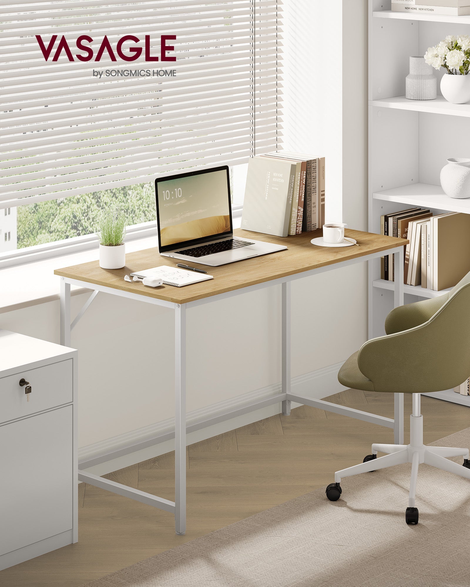 Small Office Desk – Metal and Wood – Natural Oak and Pearl White – Industrial Design
