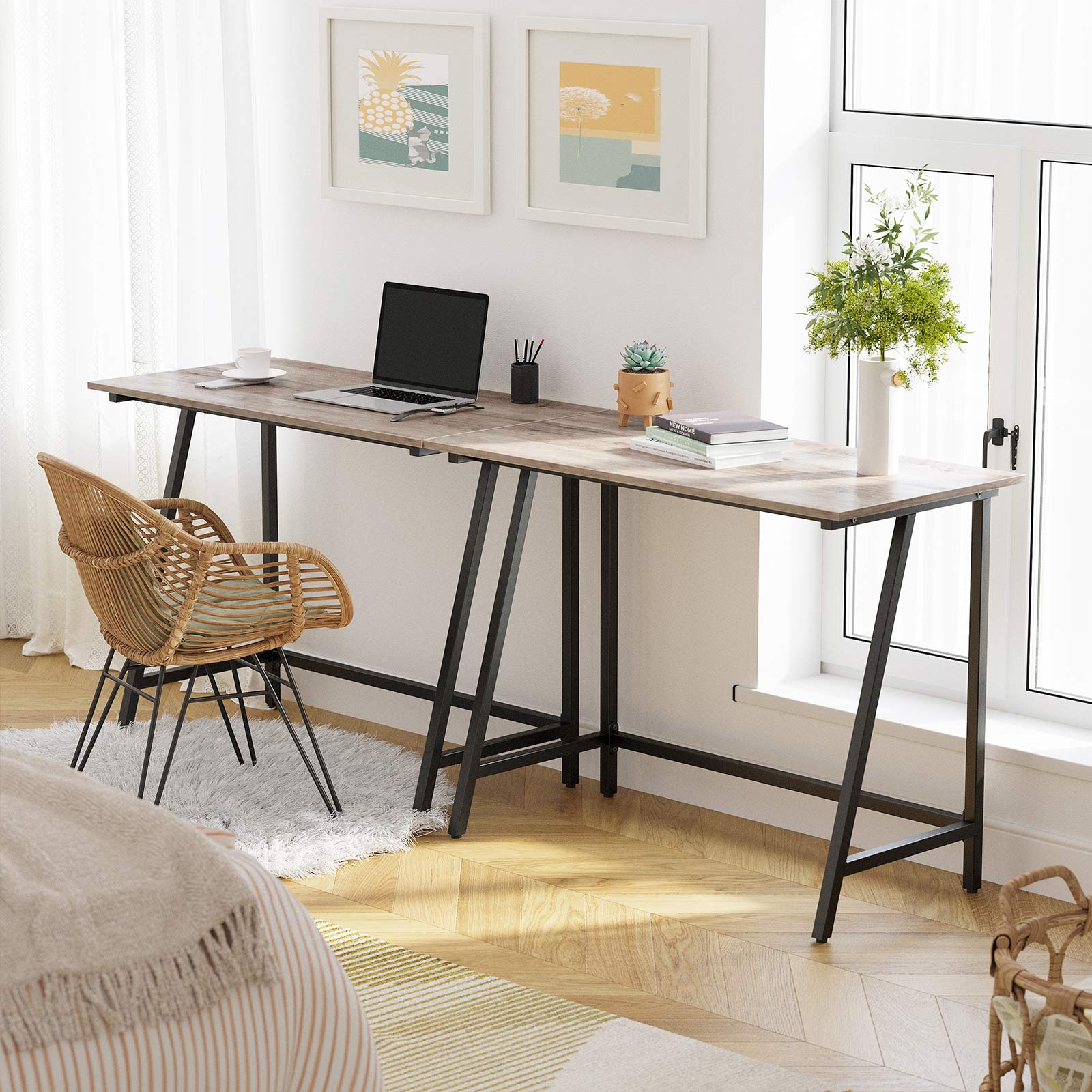 Computer Desk – Steel Frame – Greige and Black – Rustic Top, Easy Assembly